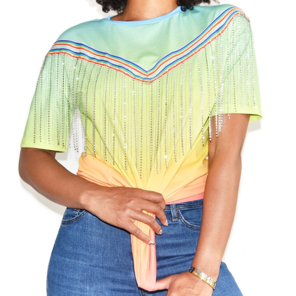 NWT Each X Other S Rhinestone Fringe Degradé T-shirt Crystals Rainbow Bling